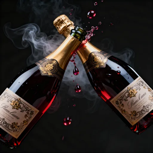 Prompt: Aesthetic, wine bottles clashing for cheers, a little liquid spilling out, black background