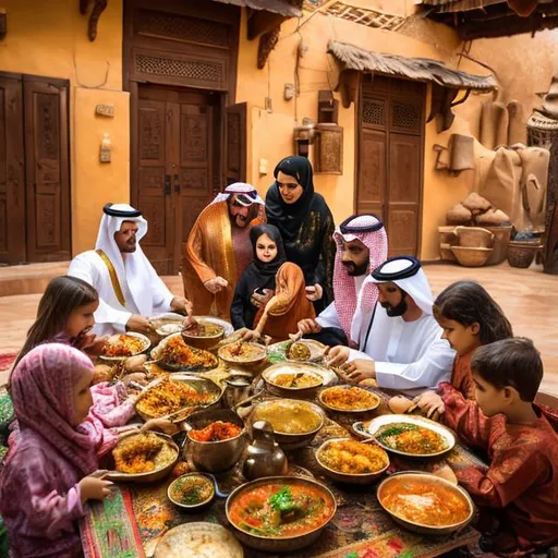 Prompt: Saudi family sharing a traditional meal, vibrant and warm atmosphere, detailed traditional attire, authentic cultural setting, high quality, realistic, warm colors, detailed surroundings, traditional cuisine, emotional connection, familial bonds, realistic painting, warm and inviting, traditional setting, detailed facial expressions, cultural diversity, large family gathering, insightful storytelling, vivid colors, natural lighting