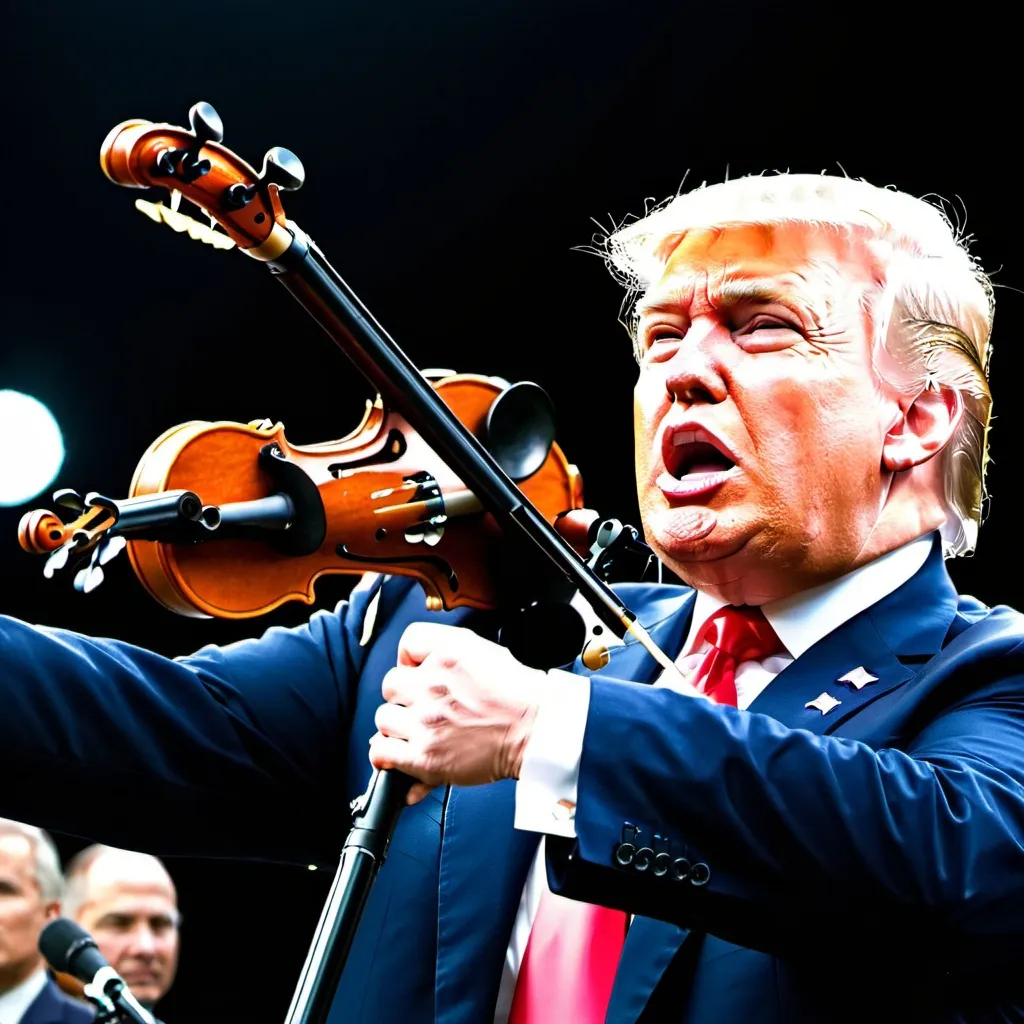Prompt: President Trump singing on kalashnikov mashine gun als violin  