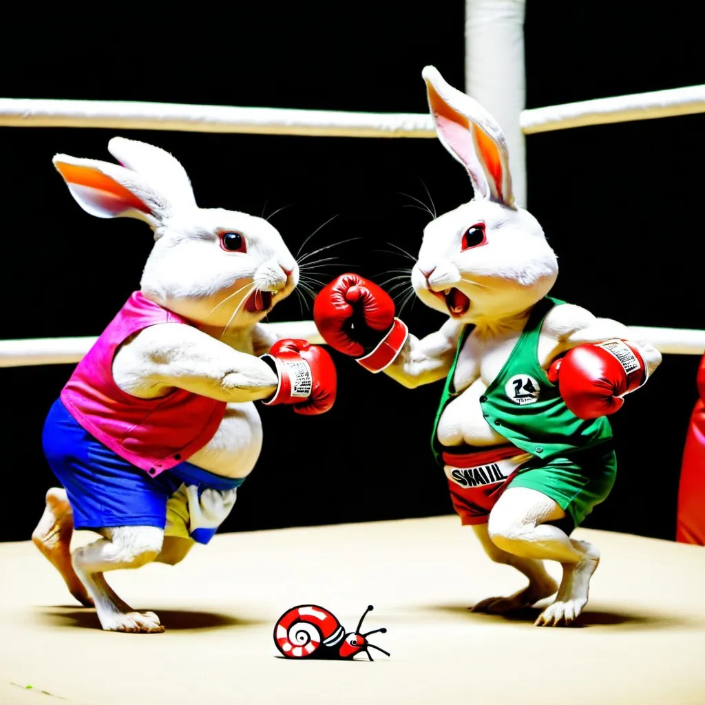 Prompt: A rabbit boxing with a snail , world champinship arena