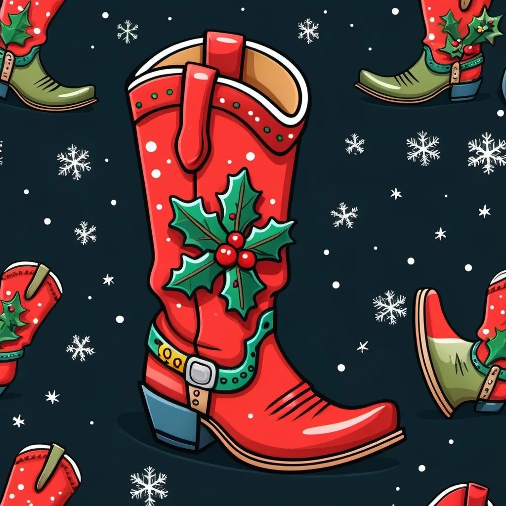 Prompt: cartoon cowboy boot decorated with a christmas theme