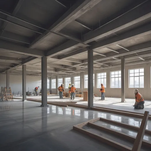 Prompt: indoor construction of a new commercial space, beams and scaffolding scattered around, construction workers focused and busy, (dynamic atmosphere), natural light (vibrant colors), various tools and equipment on a polished concrete floor, highly detailed background elements, 4K resolution, professional perspective, showcasing the transition of an empty room into a bustling workspace.