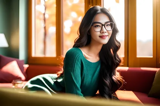 Prompt: woman in glasses, warm smile, keep face , with long teal hair, she lying on sofa, she is next to the door, in a modern bright wood-paneled room with one table, outside the window is a bright Autumn field, photorealistic, best quality, 