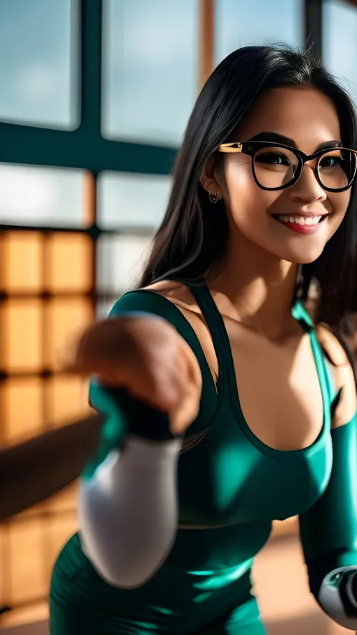 Prompt: woman in glasses, warm smile, keep face , with long teal hair, doing martial art exercises , standing, wears mma gloves, in a modern bright wood-paneled room with one table, outside the window is a bright Autumn field, photorealistic, best quality, 