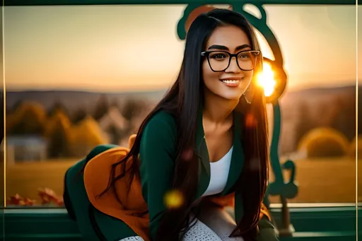 Prompt: woman in glasses, warm smile,  with long teal hair, doing exercises , in a modern bright wood-paneled room with one fireplace, outside the window is a bright Autumn field, photorealistic, best quality 