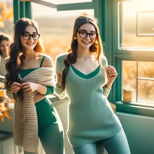 Prompt: woman in glasses, warm smile, keep face , with long teal hair, they are roling a joint, window is bright,Autumn field, photorealistic, best quality, girls are twins, smelling weed everywhere, the image to image photo is  background,