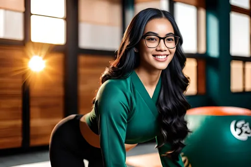 Prompt: woman in glasses, warm smile, keep face , with long teal hair, doing martial art exercises , standing, practice kicks, wears mma gloves, in a modern bright wood-paneled room with one table, outside the window is a bright Autumn field, photorealistic, best quality, 