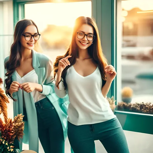 Prompt: woman in glasses, warm smile, keep face , with long teal hair, they are roling a joint, window is bright,Autumn field, photorealistic, best quality, girls are twins, smelling weed everywhere, the image to image photo is  background,