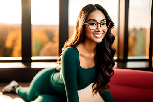 Prompt: woman in glasses, warm smile,  with long teal hair, keep face , doing exercises , in a modern bright wood-paneled room with one fireplace, outside the window is a bright Autumn field, photorealistic, best quality 