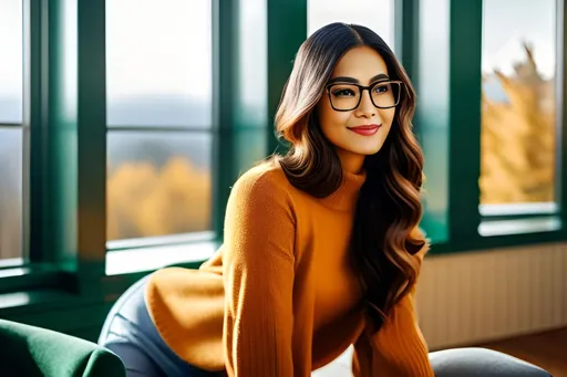 Prompt: woman in glasses, warm smile,  with long teal hair, keep face of processed picture , doing exercises , in a modern bright wood-paneled room with one fireplace, outside the window is a bright Autumn field, photorealistic, best quality 