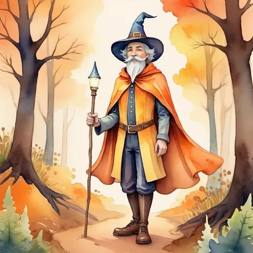 Prompt: (cartoon style kind wizard man), wearing (tight pants), a (short cape), and a (tall hat), with a (mustache), beautiful nature scene in the background, watercolor painting effect, warm color scheme, whimsical and magical atmosphere, elements of enchanted forest, glowing hues of orange and yellow, soft and fluid brushstrokes, ultra-detailed, high resolution, vibrant, intricate and lush scenery