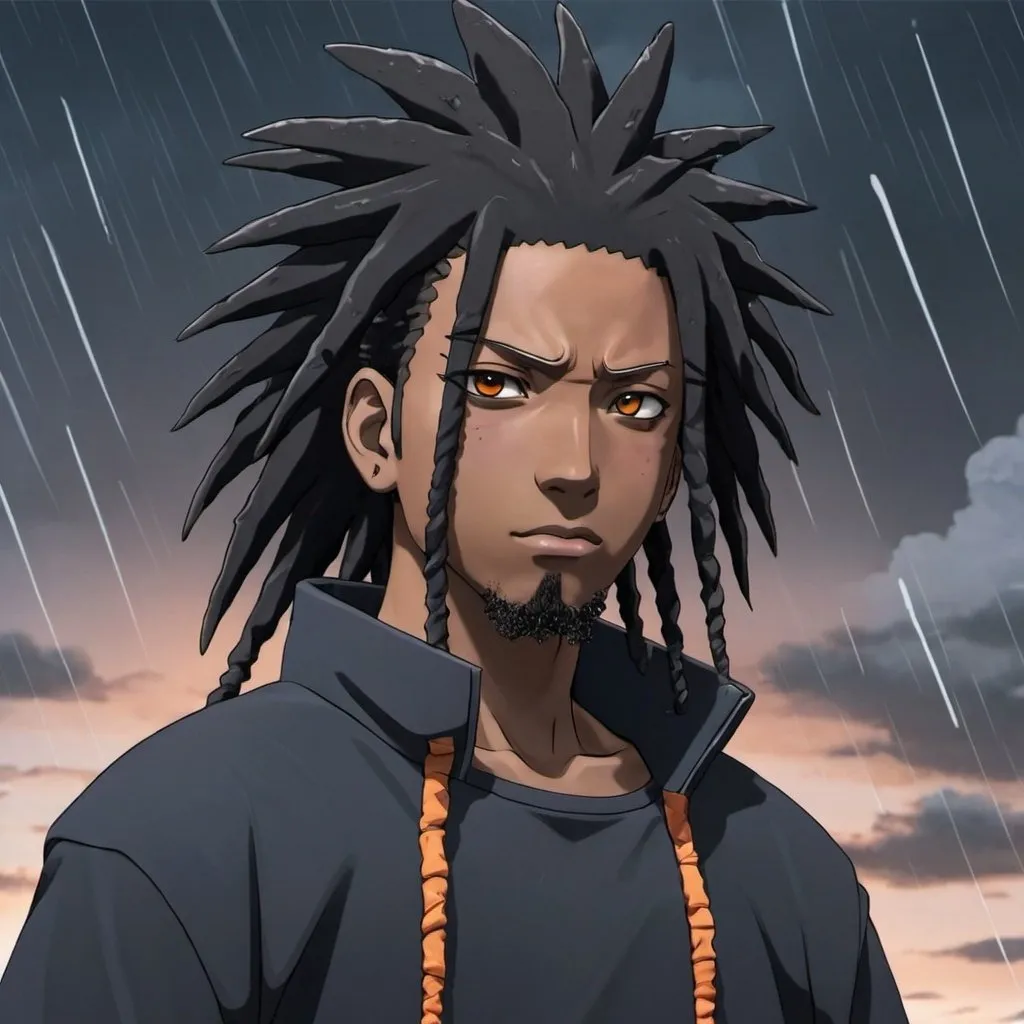 Prompt: Can you create a image of an anime character who is black in the naruto universe with Dreads and one sharingon and one regular from the hidden rain are two kataas