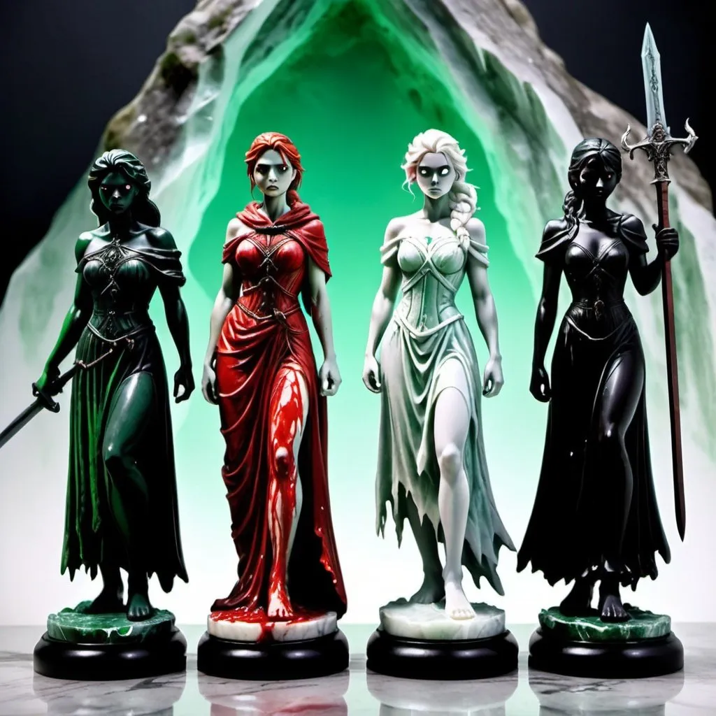 Prompt: Four marble statues of female adventurers, all frozen in horror but they are in dresses of that are on their stone bodies, one green, one black, one white and one red. They look terrified and ready to spring the attack. There are no bases, they instead look as if they were battling. One stands with a sword and another a staff.