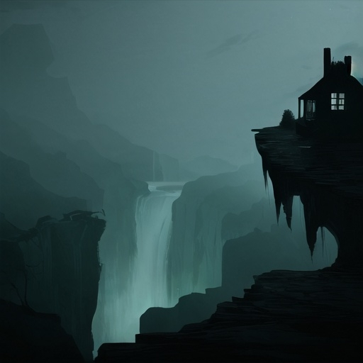 Prompt: Dreary dilapidated mansion on the edge of a haunted cliff between two roaring waterfalls at night