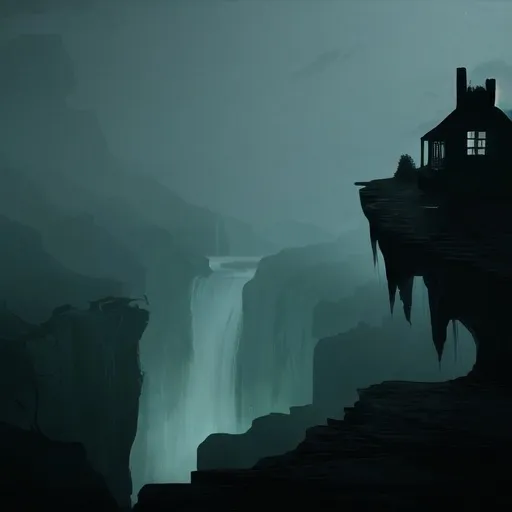 Prompt: Dreary dilapidated mansion on the edge of a haunted cliff between two roaring waterfalls at night