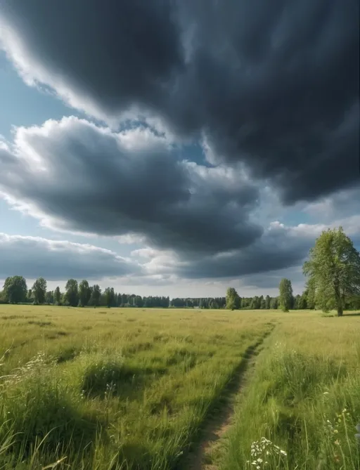 Prompt: calm sky with few dark clouds over a meadow, wide angle lens, hyperrealistic, perfect viewpoint, highly detailed, HDR, UHD, 64K