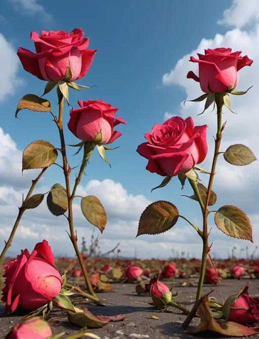 Prompt: withered junge roses falling on ground, perfect viewpoint, highly detailed, wide-angle lens, hyper realistic, with dramatic sky, polarizing filter, natural lighting, vivid colors, everything in sharp focus, HDR, UHD, 64K