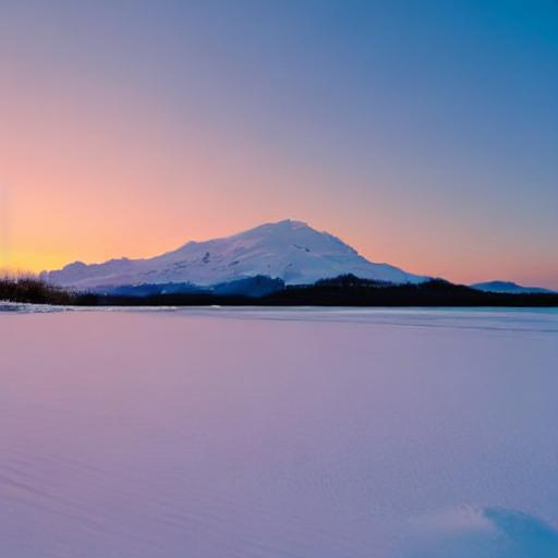 Prompt: Sunrise over a snowy mountain and a serene beach