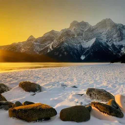 Prompt: Sunrise over a snowy mountain and a serene beach