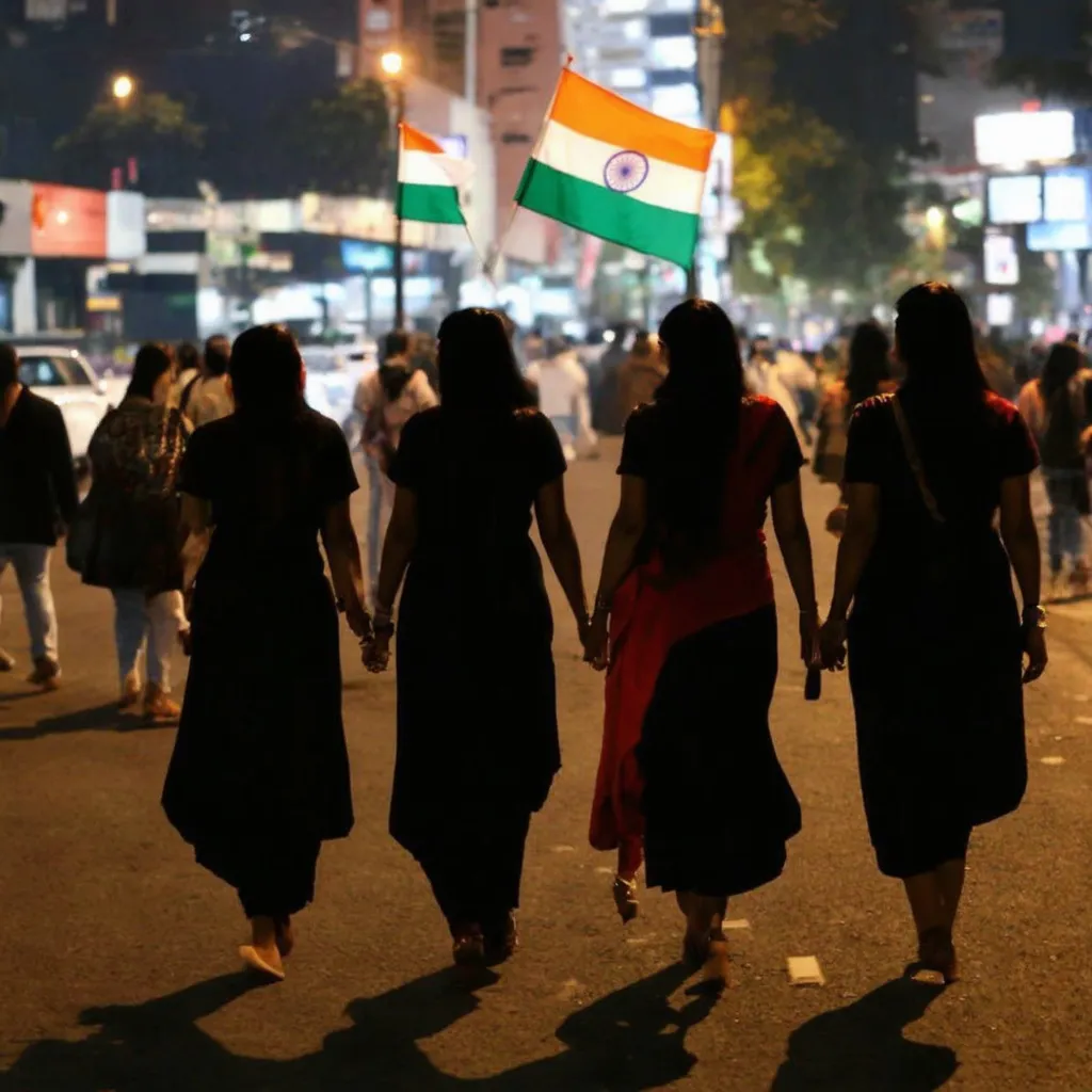 Prompt: Silhouette of many Indian women walking on streets with Indian tricolour in night