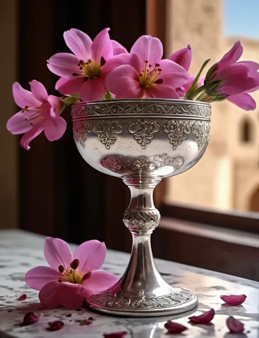 Prompt:   jasemin flowers falling on an arabic silver  goblet 
, perfect viewpoint, highly detailed, HDR, UHD, 64K