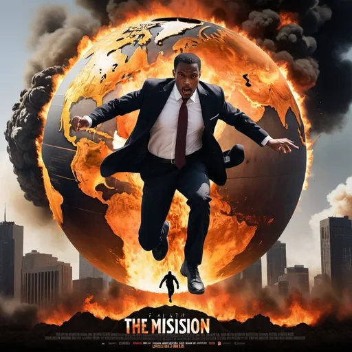 Prompt: "Generate an image of a high-octane action movie poster with the following elements:

- Title: 'The Mission Is Possible' in bold, fiery letters at the top
- Foreground: A dynamic silhouette of a black man leaping from an exploding globe holding a holy bible and a man and a woman with a determined expression
- Background: A burning world with flames and smoke billowing into the air
- Tagline: 'Faith and courage in the face of adversity' in smaller text at the bottom

Combine these elements in a thrilling design that showcases action, faith, and determination!"

