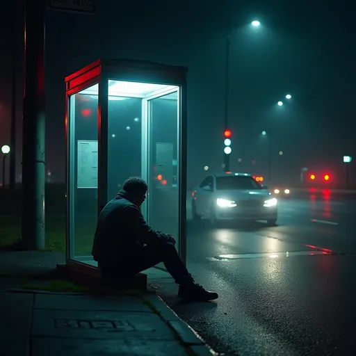 Prompt: a person sitting on a curb next to a phone booth at night with a car passing by on the road, Filip Hodas, serial art, ultra realistic digital art, cyberpunk art