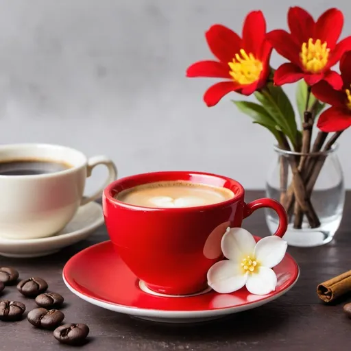 Prompt: Red teacup with coffee and the vanilla flower next to it 