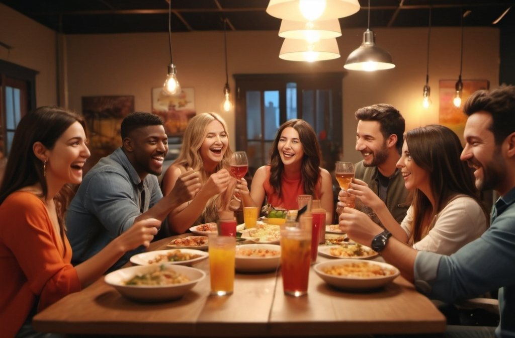 Prompt: Friends sitting in a movie studio around a dinner table with fun and happy elements with a film crew in the background that shows cameras 