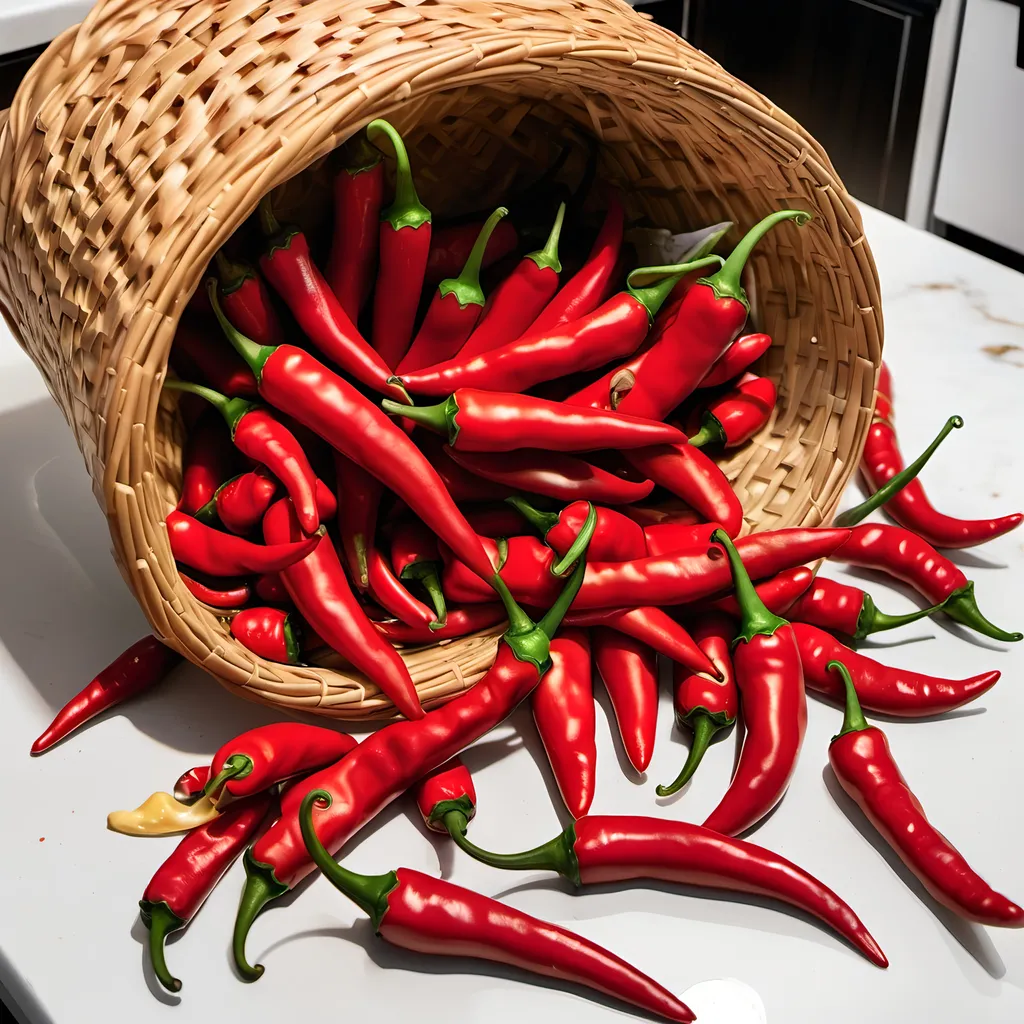 Prompt: Chilis in a straw basket spilled onto a kitchen counter