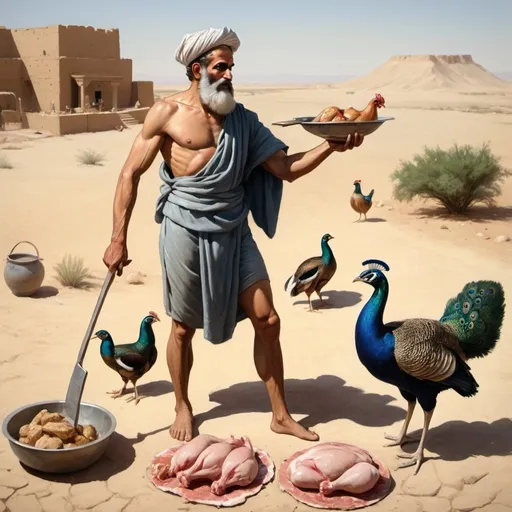 Prompt: A Babylonian man butchering a chicken in the middle of the desert with a peacock and a mallard near him.