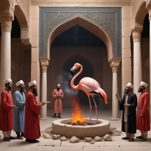 Prompt: A red-hot flamingo swallowing hot coals in the royal court of a Sassanid palace with a rich Sassanid Oldman standing next to it in the middle of an amazed Sassanid scholars in front of the caliph