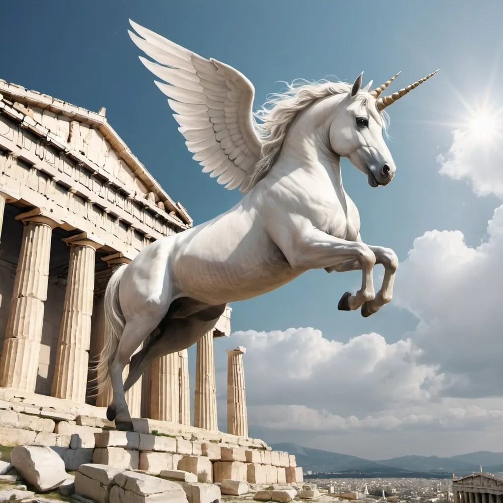 Prompt: A white unicorn flying over parthenon
