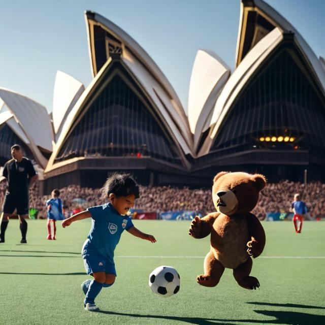 Prompt: A toddler playing soccer, against a brown bear, under the Sydney opera house, in front of a crowd of cheering people 