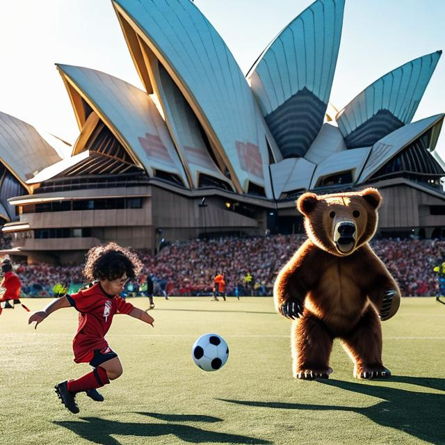 Prompt: A toddler playing soccer, against a brown bear, under the Sydney opera house, in front of a crowd of cheering people 