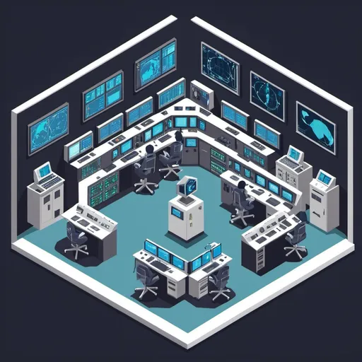 Prompt: isometric 2d flat vector illustration of main control room 
