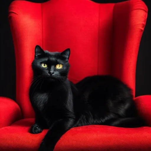 Prompt: A black cat sitting on a red chair.