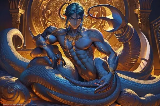 Prompt: Detailed fantasy illustration of a male naga, hypnotizing eyes, coiled tail, two arms, intricate palace interior, high quality, detailed, atmospheric lighting, professional, fantasy art, intricate design, intense gaze, detailed regal outfit, intense gaze