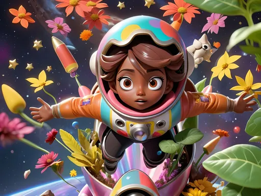 Prompt: Black girl Barrie floating in space on a rocket  with colorful plants and Stars surrounding her, milk chocolate completion with big anime eyes 