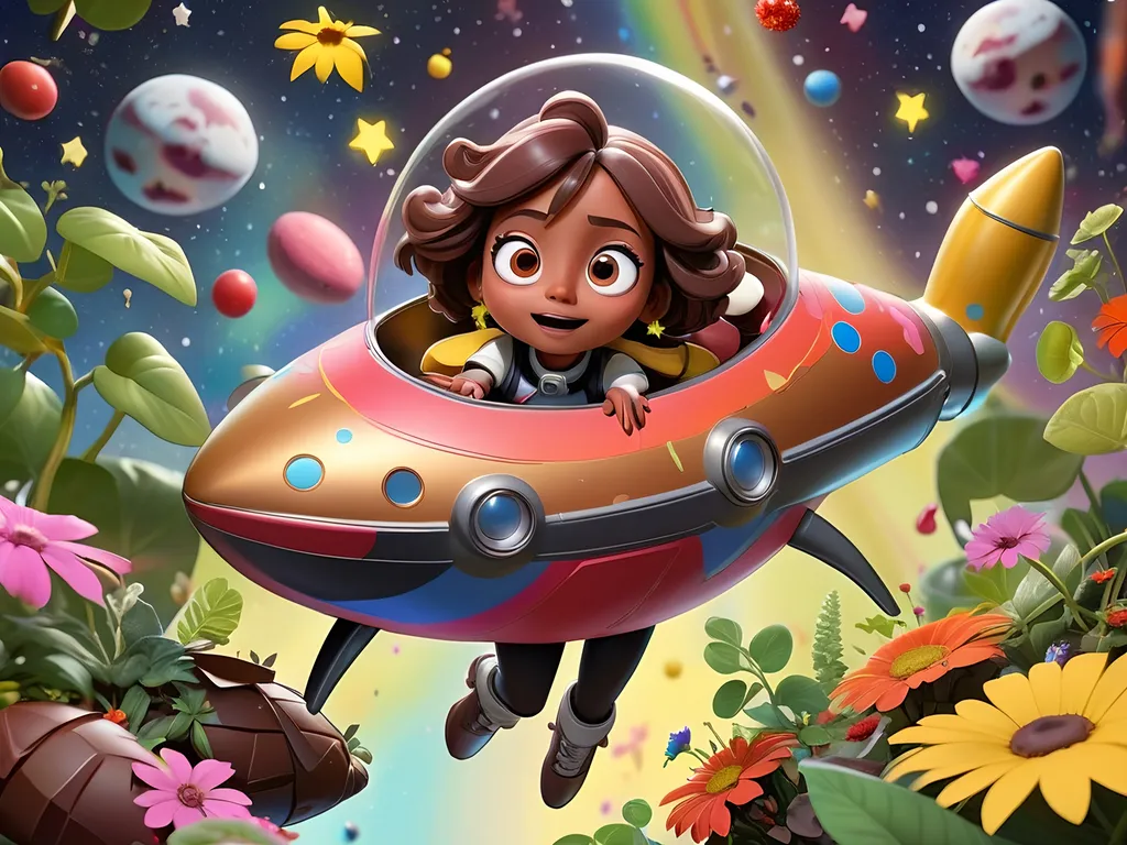 Prompt: Black girl Barrie floating in space on a rocket  with colorful plants and Stars surrounding her, milk chocolate completion with big anime eyes 