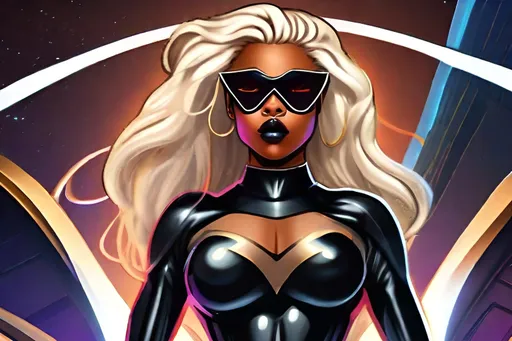 Prompt: Black girl with high cheek bones full lips mocha completion hour glass body figure blonde hair dressed in a super hero costume flying in space.  With a futuristic effect 