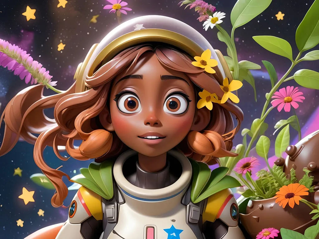Prompt: Black girl Barrie floating in space on a rocket  with colorful plants and Stars surrounding her, milk chocolate completion with big anime eyes 