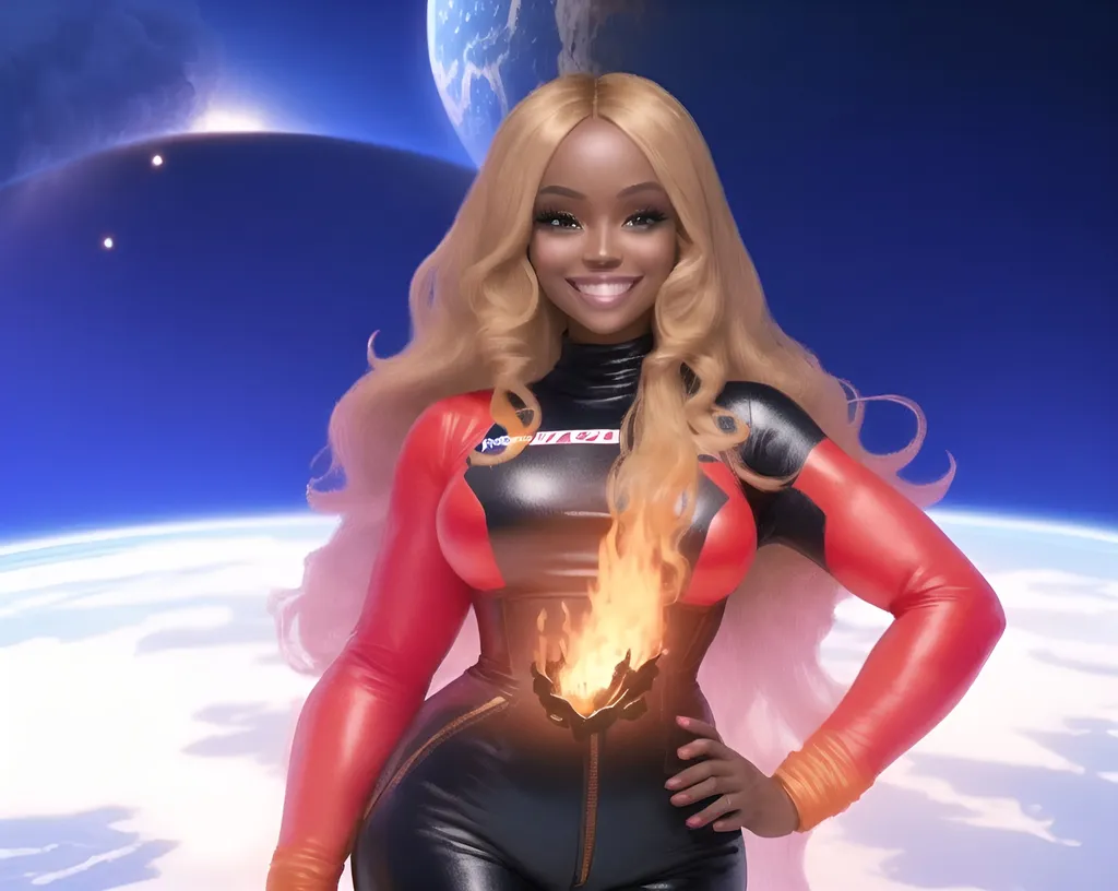 Prompt: Attractive black woman smiling  dressed in tight nasa jumpsuit black and theme with long honey blonde hair standing top of earth while it’s on fire 