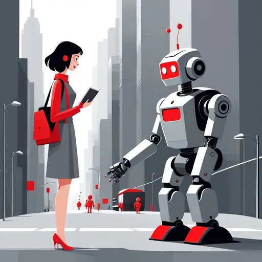 Prompt: illustrations for a book-cover,flat design,simple shapes,vector,urban chic shades of gray with some red highlights,2D, cute cartoon characters,AI robot talking to a human woman from another country