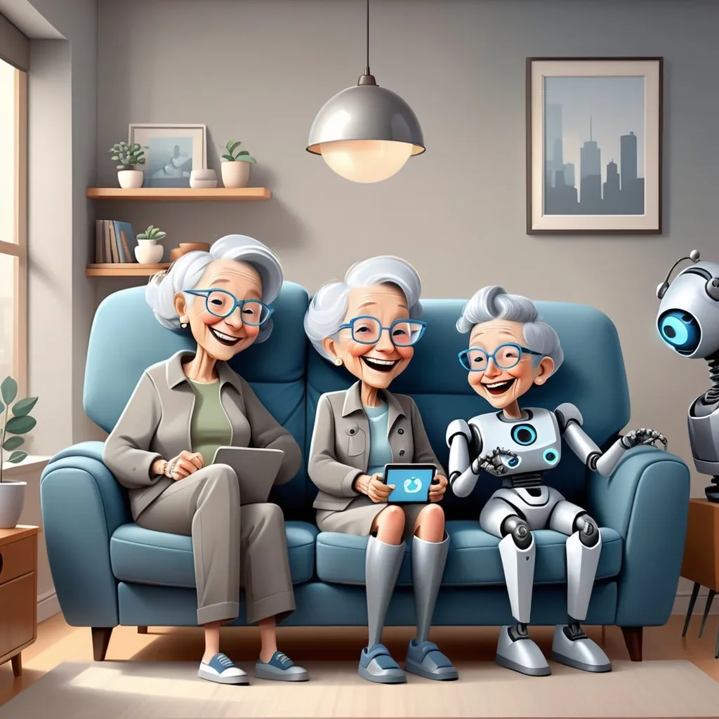 Prompt: illustrations for a book-cover,flat design,simple shapes,vector,urban chic shades of gray with some blue highlights,2D, cute cartoon characters, human family and grandma laughing with a robot on the couch