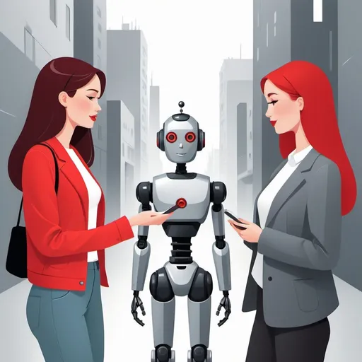 Prompt: illustrations for a book-cover,flat design,simple shapes,vector,colorful urban chic background in shades of gray with red highlights,2D,cartoon characters,AI robot talking to two women from another country