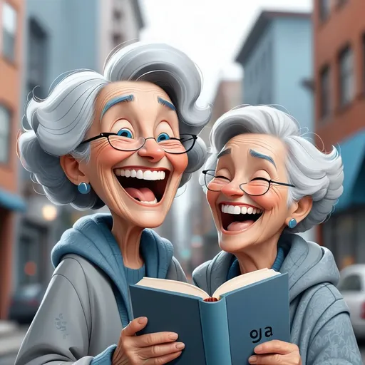 Prompt: illustrations for a book-cover,flat design,simple shapes,vector,urban chic shades of gray with some blue highlights,2D, cute cartoon characters, grandma laughing with Alexa