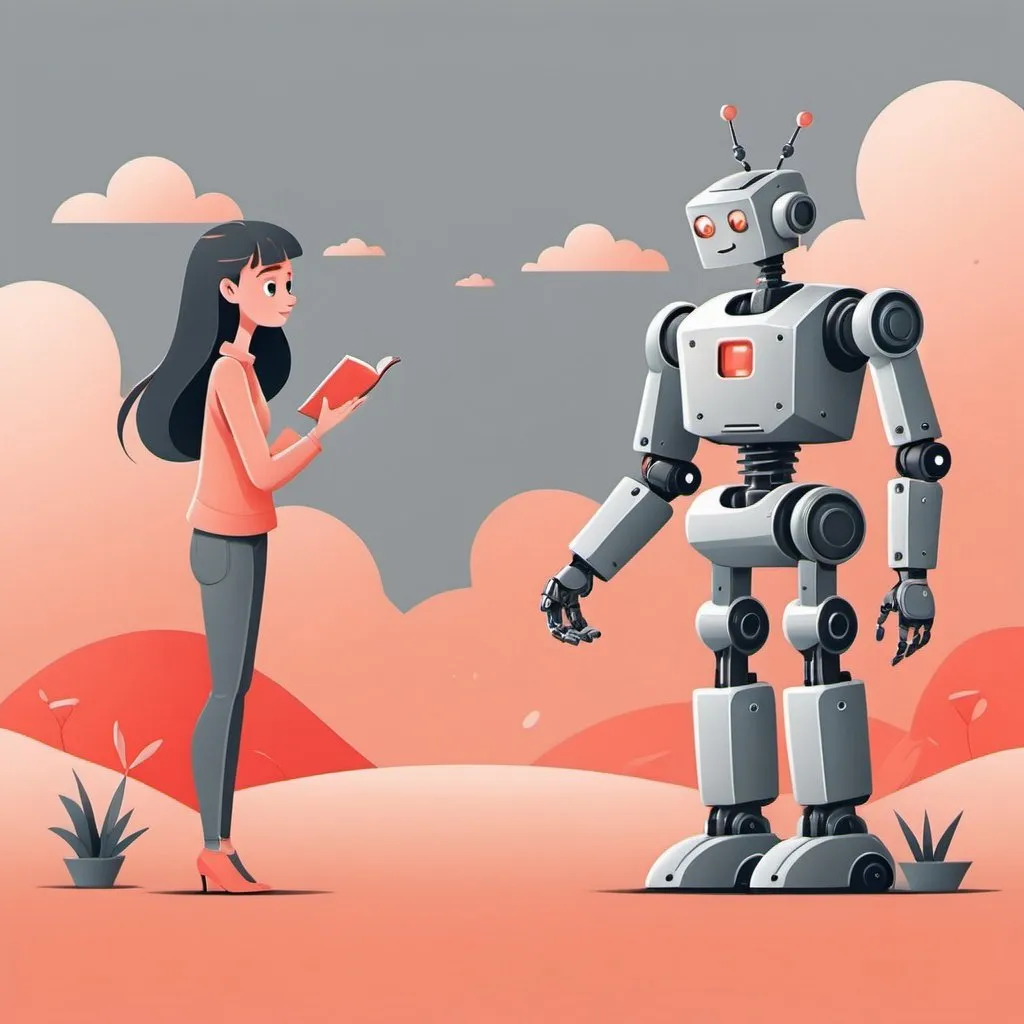 Prompt: illustrations for a book-cover,flat design,simple shapes,vector,colorful background in shades of peach color,2D, cartoon characters,AI robot in shades of gray with red highlights talking to a man and girl 