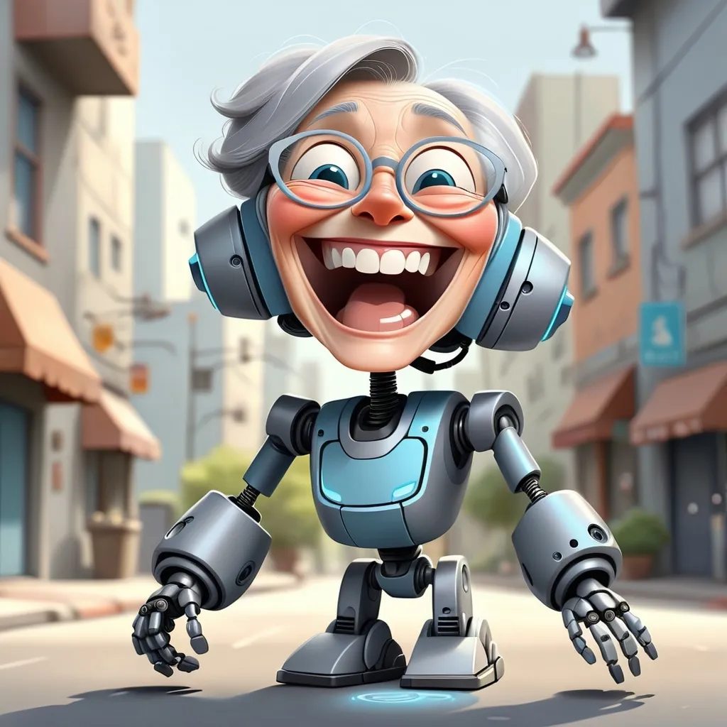 Prompt: illustrations for a book-cover,flat design,simple shapes,vector,urban chic shades of gray with some blue highlights,2D, cute cartoon characters, grandma laughing a robot