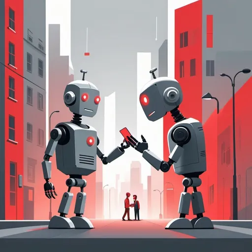 Prompt: illustrations for a book-cover,flat design,simple shapes,vector,colorful urban chic background in shades of gray with red highlights,2D,cartoon characters,AI robot talking to someone from another country